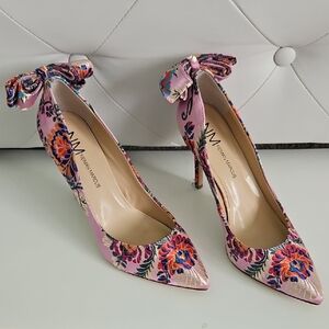 Satin Pink Floral Heels with Elegant Bow